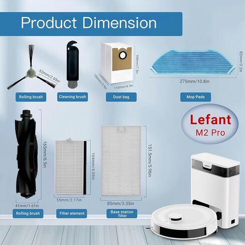 قطع غيار متوافقة مع مكنسة Lefant M2/M2S Pro M2 Plus Robot، مرشحات الفرشاة الدوارة، وسادات الممسحة، مرشحات القاعدة، أكياس الغبار in Kuwait