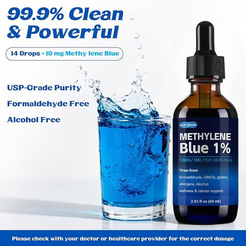 Methylene Blue 1% Solution - USP Pharmaceutical Grade - Ultra High Purity Drops - Third Party Lab Tested, Formaldehyde & Alcohol Free - Non-GMO, Made in USA - 60ml (2.03 fl oz) in Kuwait