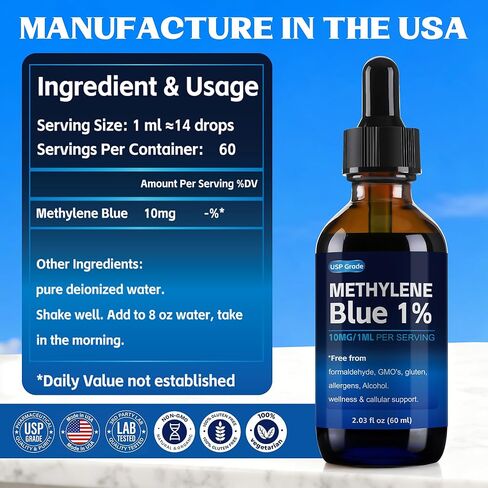 Methylene Blue 1% Solution - USP Pharmaceutical Grade - Ultra High Purity Drops - Third Party Lab Tested, Formaldehyde & Alcohol Free - Non-GMO, Made in USA - 60ml (2.03 fl oz) in Kuwait