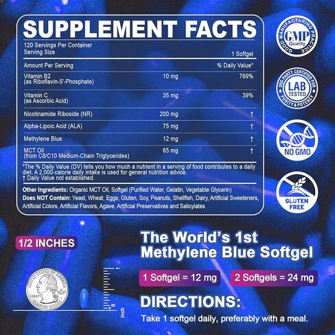 LILICARE Advanced 12mg Methylene Blue Softgels for Humans | Upgraded Brain & Cellular Energy Supplement with CoQ10, NR & ALA | High Absorption Formula, Non-GMO, Mitochondrial & ATP Support, 120 Cts in Saudi Arabia