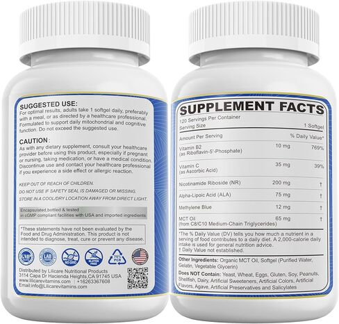 LILICARE Advanced 12mg Methylene Blue Softgels for Humans | Upgraded Brain & Cellular Energy Supplement with CoQ10, NR & ALA | High Absorption Formula, Non-GMO, Mitochondrial & ATP Support, 120 Cts in Saudi Arabia