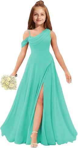 MRHUSH Junior Bridesmaid Dresses for Teen Girls Chiffon One Shoulder Flower Girl Dress for Wedding Long Party Gown with Slit in Saudi Arabia