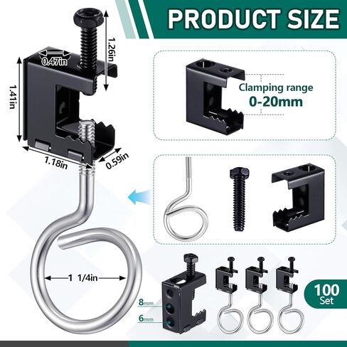 Tandefio 100 Set 1/4" x 20 Spring Steel Beam Clamps Metal Beam Hangers Bolt on Clamp with Metal Machine Threaded Bridle Rings for Pipe Cable Woodworking Tool (Black,1 1/4 Inch Bridle Rings) in Saudi Arabia