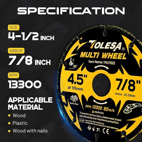 عجلات مقطوعة من TOLESA مقاس 4 1/2 بوصة، قرص قطع من الكربيد، عجلة قطع طاحونة زاوية للخشب، الخشب مع الأظافر، صفائح، بلاستيك، جص، 3 عبوات in Kuwait