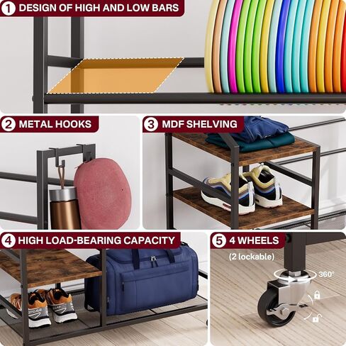 Portin 5 Tier Disc Golf Storage Rack، منظم محطة القرص مع السنانير والعجلات، رف قرص الجولف لتخزين ملحقات المعدات الرياضية، منظمات سلة حقيبة الجولف القرصية للطابق السفلي من المرآب المنزلي in Kuwait