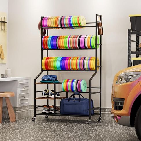 Portin 5 Tier Disc Golf Storage Rack، منظم محطة القرص مع السنانير والعجلات، رف قرص الجولف لتخزين ملحقات المعدات الرياضية، منظمات سلة حقيبة الجولف القرصية للطابق السفلي من المرآب المنزلي in Kuwait