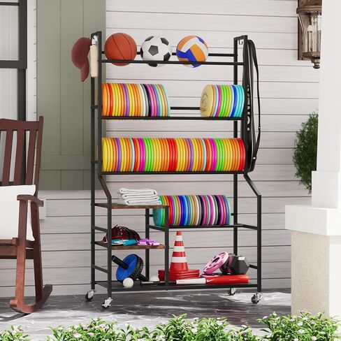 Portin 5 Tier Disc Golf Storage Rack، منظم محطة القرص مع السنانير والعجلات، رف قرص الجولف لتخزين ملحقات المعدات الرياضية، منظمات سلة حقيبة الجولف القرصية للطابق السفلي من المرآب المنزلي in Kuwait