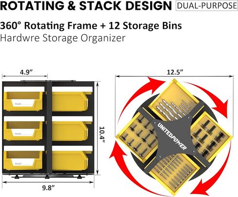 UNITEDPOWER Rotating Storage Bins, Tool Organizer, Hardware Crafts, Small Parts, Nuts and Bolts, Revolving 12 Bins Storage for Workshop, Shed, Garage, Home in Kuwait