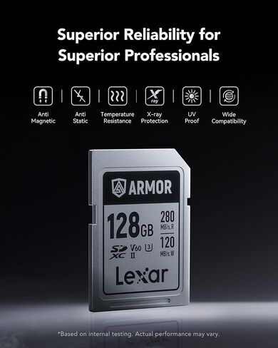 Lexar Armor Silver PRO 256GB UHS-II SDXC Card, Stainless Steel, C10 U3 V60 6K UHD Video, Up to 280MB/s Read, 160MB/s Write, DSLR/Camera/Photographer/Videographer, Limited in Saudi Arabia