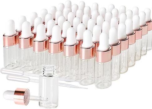 50 Pack 3ml Mini Clear Glass Essential Oil Dropper Bottle with Rose Gold Lid Sample Containers Perfume Liquid Vials for Traveling in Saudi Arabia