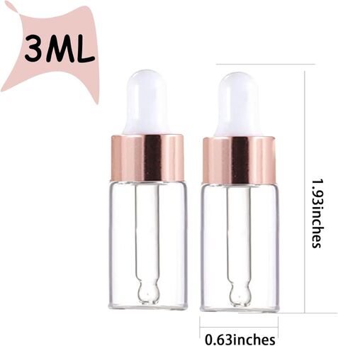 50 Pack 3ml Mini Clear Glass Essential Oil Dropper Bottle with Rose Gold Lid Sample Containers Perfume Liquid Vials for Traveling in Saudi Arabia