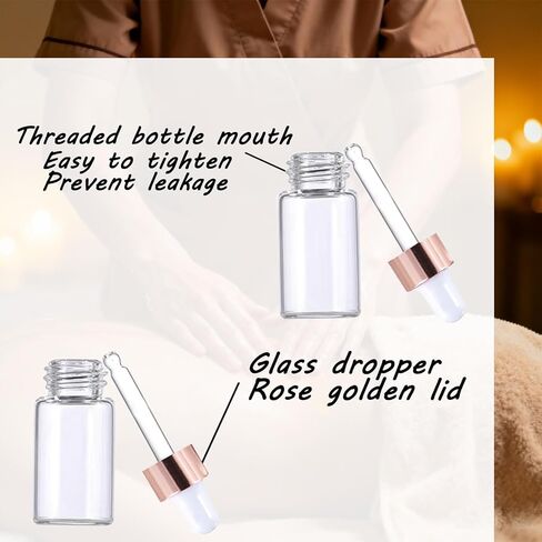 50 Pack 3ml Mini Clear Glass Essential Oil Dropper Bottle with Rose Gold Lid Sample Containers Perfume Liquid Vials for Traveling in Saudi Arabia