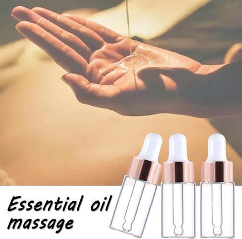 50 Pack 3ml Mini Clear Glass Essential Oil Dropper Bottle with Rose Gold Lid Sample Containers Perfume Liquid Vials for Traveling in Saudi Arabia