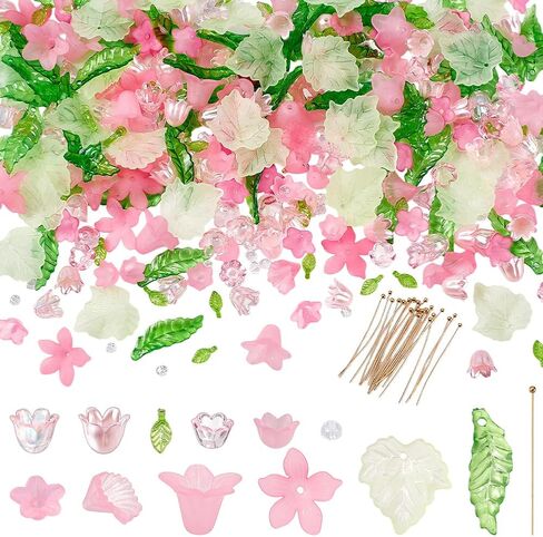 NBEADS 417 Pcs Acrylic Assorted Beads Kit, Frosted Flower Beads Caps Maple Leaf Acrylic Pendants Leaf Loose Beads Earring Making Kit with Faceted Glass Beads Brass Ball Pins for Jewelry Making in Saudi Arabia