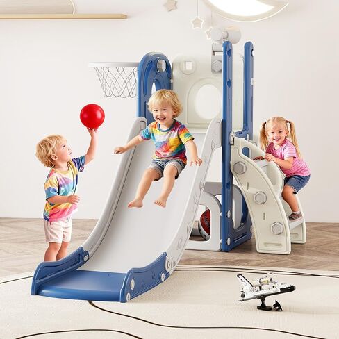 6 in 1 Toddler Slide for 1-3, Indoor Outdoor Kids Slide with Basketball Hoop, Storage, Climber and Telescope, L Shaped Slide for Toddler Climber Playset(Green Yellow) in Saudi Arabia