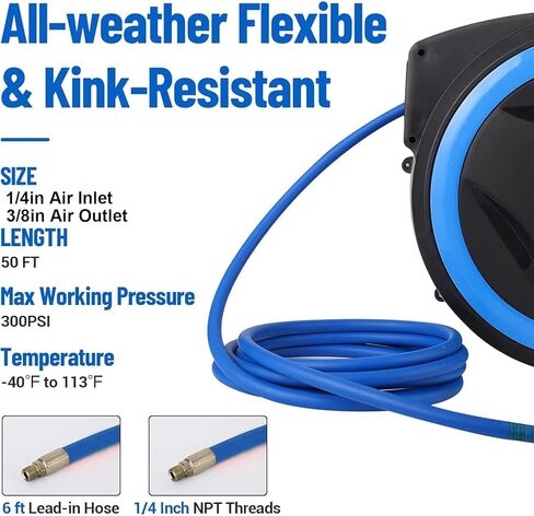 Retractable Air Hose Reel 50ft (3/8 in) - 300PSI Auto Rewind Heavy Duty Industrial Steel Reel | Ceiling/Wall Mount with Swivel Bracket in Saudi Arabia