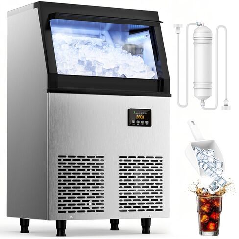 Coolski Commercial Ice Maker Machine 120LBS/DAY, Stainless Steel Ice Maker with 35LBS Storage, Self-Cleaning, Perfect for Home/Commercial Use, Gravity Drain in Kuwait
