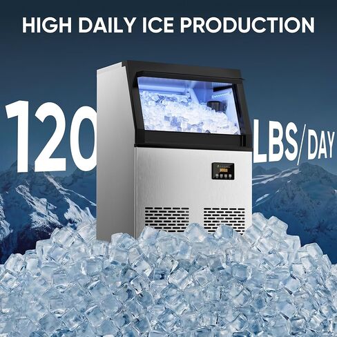 Coolski Commercial Ice Maker Machine 120LBS/DAY, Stainless Steel Ice Maker with 35LBS Storage, Self-Cleaning, Perfect for Home/Commercial Use, Gravity Drain in Kuwait