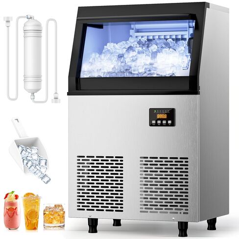 Coolski Commercial Ice Maker Machine 120LBS/DAY, Stainless Steel Ice Maker with 35LBS Storage, Self-Cleaning, Perfect for Home/Commercial Use, Gravity Drain in Kuwait