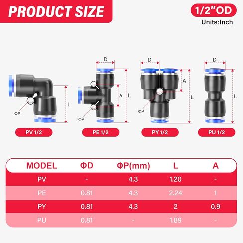 1/2"OD Blue Elbows,Tee,Straight and Splitters Push to Connect Tube Fittings Quick Connect Air Fitting Pneumatic Push Lock Connector (Pack of 20) in Kuwait