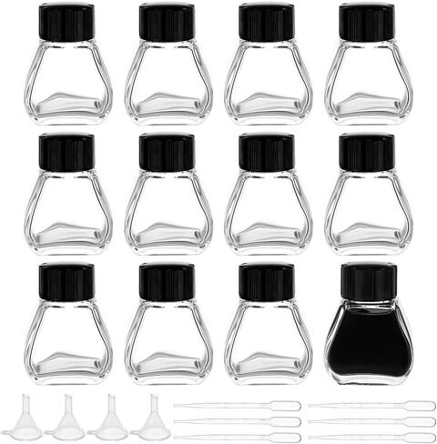 BENECREAT 12Pcs Heavy Duty Glass Ink Jars, 30ml/1.01oz Clear Empty Ink Bottles, Glass Bottles with Black Plastic Caps, With 6Pcs Plastic Droppers, 4Pcs Funnels 1.57x1.69x2.24inch in Saudi Arabia