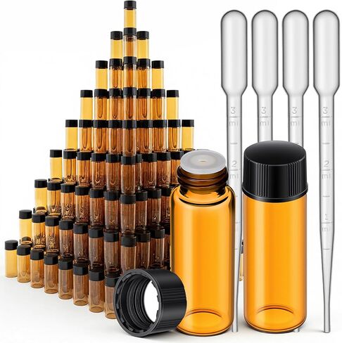 100 Packs 5 ml (1/6 oz) Mini Essential Oil Bottles with Caps, Amber Glass Empty Refillable Travel Glass Liquid Sample Vial Preservation Storage Vials Test Container-Rubber Stopper&Dropper in Saudi Arabia