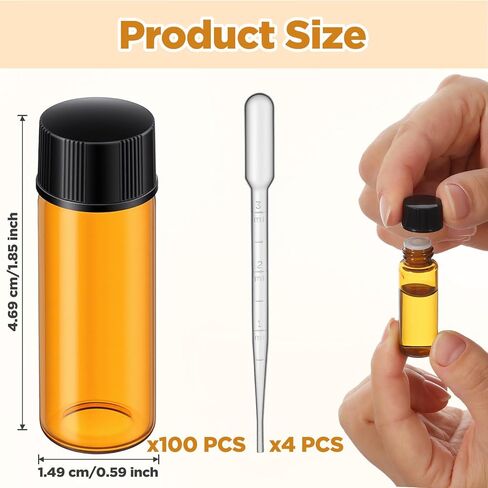 100 Packs 5 ml (1/6 oz) Mini Essential Oil Bottles with Caps, Amber Glass Empty Refillable Travel Glass Liquid Sample Vial Preservation Storage Vials Test Container-Rubber Stopper&Dropper in Saudi Arabia