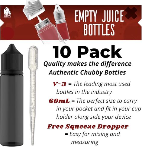 Chubby Gorilla V-3 PET Plastic Unicorn Squeeze Bottle 60ml (10 Pack) Dropper bottle (Black) REUSABLE, Child Resistant Cap, Easy Drip Tip Applicator Dropper Bottles with Squeeze Dropper in Kuwait