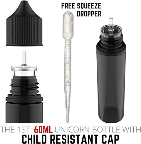 Chubby Gorilla V-3 PET Plastic Unicorn Squeeze Bottle 60ml (10 Pack) Dropper bottle (Black) REUSABLE, Child Resistant Cap, Easy Drip Tip Applicator Dropper Bottles with Squeeze Dropper in Kuwait
