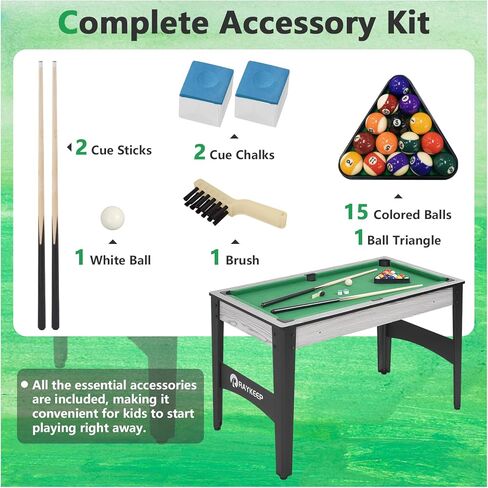 48" Pool Table, Mini Billiard Game Table w/Balls, Cues, Chalk, Brush and Triangle, Indoor Compact Arcade Game Table for Living Room, Game Room in Kuwait