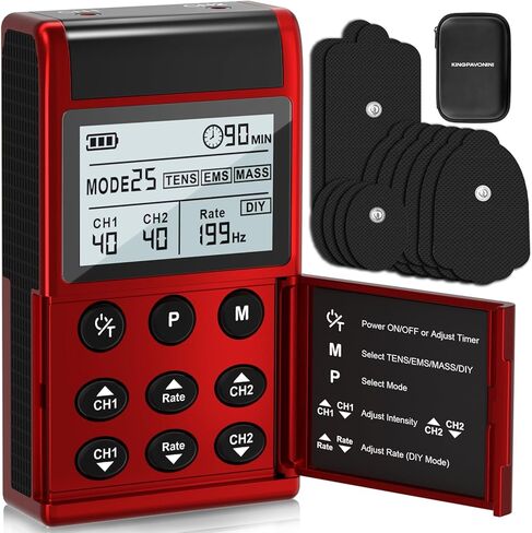 وحدة تحفيز العضلات KingPavonini 4 في 1، DIY & TENS & EMS & MASS، آلة TENS ثنائية القناة 40 شدة، محفز العضلات لعلاج تخفيف آلام عرق النسا وآلام الظهر، 12 وسادة (الموديل: B2501) in Kuwait