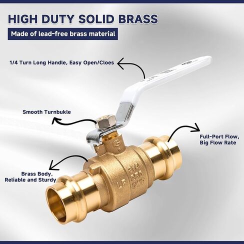3/4 inch Press Valve Press Brass Ball Valve Fittings Lead-Free Brass Full Port Water Stop Shut Off Ball Valve for Copper Tubing Connection with cUPC, NSF/ANSI 61& NSF/ANSI 372 (10 Pack 3/4") in Kuwait