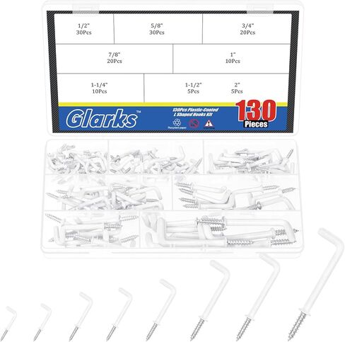 Glarks 130pcs 1/2’’, 5/8’’, 3/4’’, 7/8’’, 1’’, 1-1/4’’, 1-1/2’’, 2’’ White L Shaped Screw in Hooks kit, Right-Angle Hooks, Square Bend Self-Tapping Hook, Plastic-Coated L Hooks for Lights and Utensils in Saudi Arabia