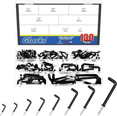 Glarks 130pcs 1/2’’, 5/8’’, 3/4’’, 7/8’’, 1’’, 1-1/4’’, 1-1/2’’, 2’’ White L Shaped Screw in Hooks kit, Right-Angle Hooks, Square Bend Self-Tapping Hook, Plastic-Coated L Hooks for Lights and Utensils in Saudi Arabia