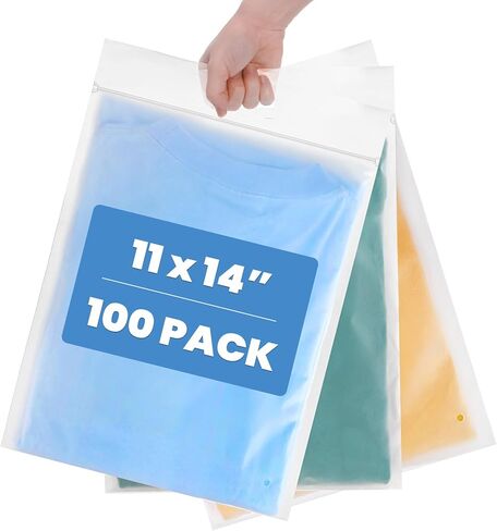 Elsjoy 100 Pack 11 x 14 Inch Frosted T Shirt Bags with Handle and Zipper, Resealable Clear Shirt Packaging Bags for Clothes, Small Business in Saudi Arabia