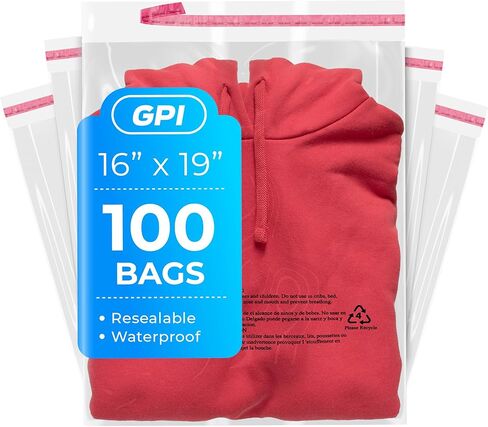 100 Count - 16" x 19" Extra-Large Self Seal Poly Bags with Suffocation Warning, 1.5 Mil, Clear Polybags with Resealable Adhesive Strip for Shipping & Packaging Clothing, T Shirts & Sweaters. GPI in Kuwait