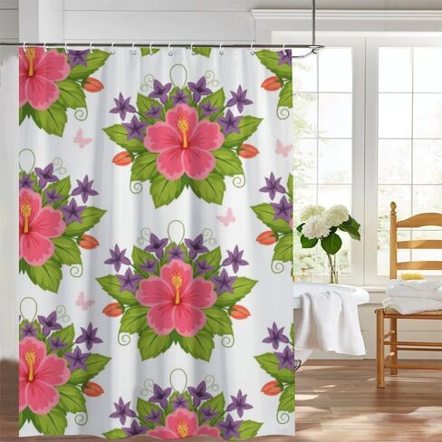 ستارة حمام بطباعة فراشة زهرية مع خطافات، ستارة دش صيفية مقاومة للماء، ستائر بوهو من القماش قابلة للغسل للحمام للتخييم ديكور لطيف 72 × 72 بوصة in Kuwait