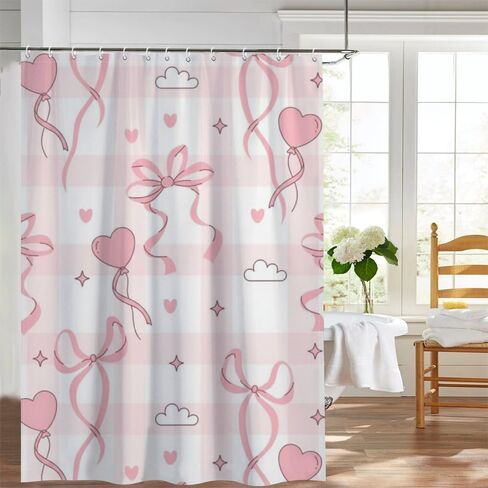 الشريط القلب الزخارف بوهو ستارة دش مع السنانير، الصيف ستارة دش الفضاء للماء، النسيج قابل للغسل عطلة الستائر الساحلية للحمام لحوض الاستحمام ديكور مجردة 48 × 72 في in Kuwait