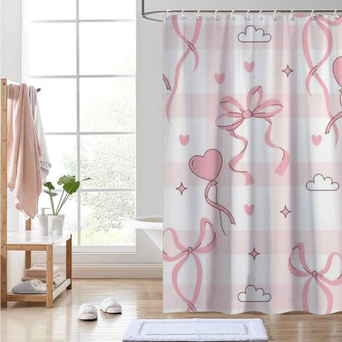 الشريط القلب الزخارف بوهو ستارة دش مع السنانير، الصيف ستارة دش الفضاء للماء، النسيج قابل للغسل عطلة الستائر الساحلية للحمام لحوض الاستحمام ديكور مجردة 48 × 72 في in Kuwait