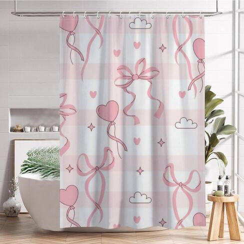 الشريط القلب الزخارف بوهو ستارة دش مع السنانير، الصيف ستارة دش الفضاء للماء، النسيج قابل للغسل عطلة الستائر الساحلية للحمام لحوض الاستحمام ديكور مجردة 48 × 72 في in Kuwait