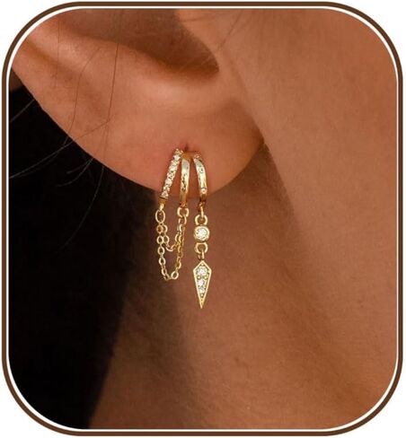 Dangle Earrings For Women, Dainty Gold Drop Statement Earrings 14K Gold Plated Long Huggie Earrings for Women Trendy Hypoallergenic Dangly Earrings Small Triple Hoops Earrings Fashion Jewelry in Kuwait