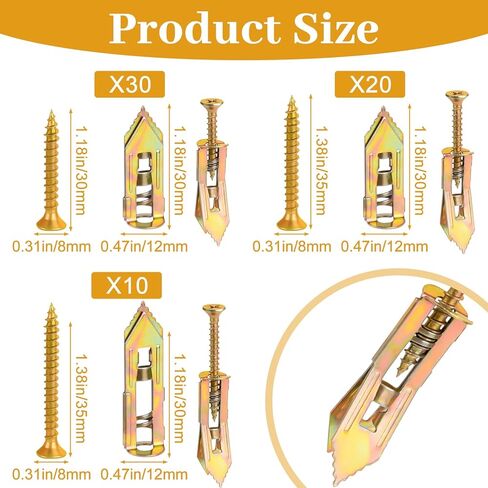 NEBURORA 120 Pcs Self Drilling Drywall Anchors 3 Sizes Metal Expansion Anchors No Drilling Easy to Install Drywall Required Kit Suitable for Hanging Picture Frames Clocks Shelves Mirrors in Saudi Arabia