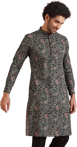 Mens Kurta – Printed Cotton Blend Tunic with Mandarin Collar, Regular Fit – Indian Wedding Outfit for Men – Festive Wear for Diwali, Eid & Celebrations Black in Saudi Arabia