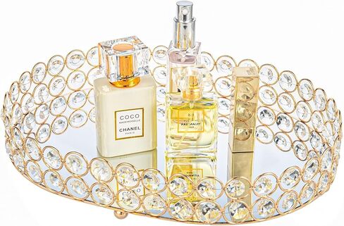 صينية مكياج Feyarl Crystal Vanity علبة مجوهرات مزخرفة ومنظم لزجاجة عطر مستحضرات التجميل صينية تزيين منزلية لخزانة الملابس والعناية بالبشرة (بيضاوية 12 بوصة × 9 بوصة) (ذهبي) in Kuwait