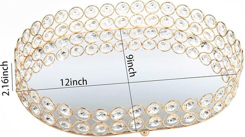 صينية مكياج Feyarl Crystal Vanity علبة مجوهرات مزخرفة ومنظم لزجاجة عطر مستحضرات التجميل صينية تزيين منزلية لخزانة الملابس والعناية بالبشرة (بيضاوية 12 بوصة × 9 بوصة) (ذهبي) in Kuwait