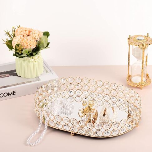 صينية مكياج Feyarl Crystal Vanity علبة مجوهرات مزخرفة ومنظم لزجاجة عطر مستحضرات التجميل صينية تزيين منزلية لخزانة الملابس والعناية بالبشرة (بيضاوية 12 بوصة × 9 بوصة) (ذهبي) in Kuwait