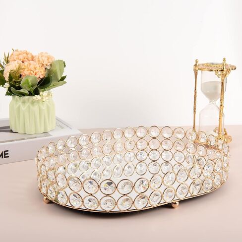 صينية مكياج Feyarl Crystal Vanity علبة مجوهرات مزخرفة ومنظم لزجاجة عطر مستحضرات التجميل صينية تزيين منزلية لخزانة الملابس والعناية بالبشرة (بيضاوية 12 بوصة × 9 بوصة) (ذهبي) in Kuwait