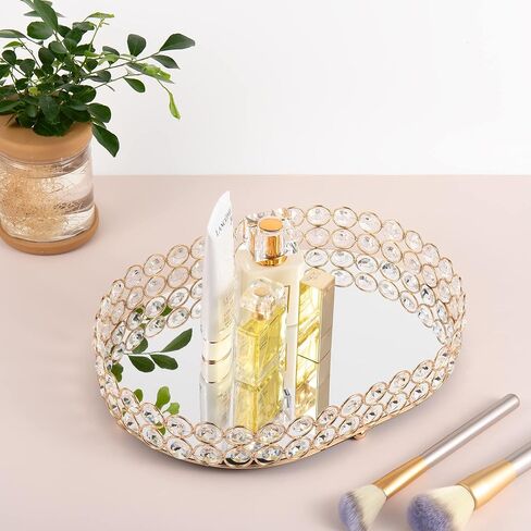 صينية مكياج Feyarl Crystal Vanity علبة مجوهرات مزخرفة ومنظم لزجاجة عطر مستحضرات التجميل صينية تزيين منزلية لخزانة الملابس والعناية بالبشرة (بيضاوية 12 بوصة × 9 بوصة) (ذهبي) in Kuwait