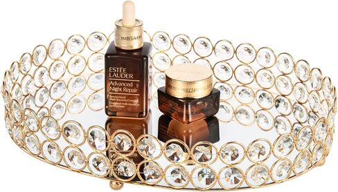 صينية مكياج Feyarl Crystal Vanity علبة مجوهرات مزخرفة ومنظم لزجاجة عطر مستحضرات التجميل صينية تزيين منزلية لخزانة الملابس والعناية بالبشرة (بيضاوية 12 بوصة × 9 بوصة) (ذهبي) in Kuwait