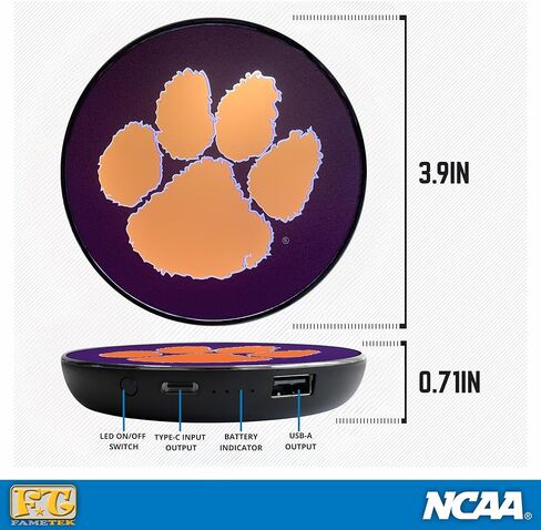 شاحن لاسلكي بجامعة كليمسون مع شعار نمور مضيئة وبنك طاقة مدمج للشحن السلكي واللاسلكي - جامعي مرخص رسميًا - شاحن هاتف لاسلكي محمول بنسبة 100% in Kuwait
